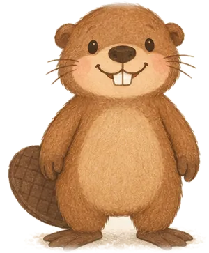 Baxter the beaver, standing tall with a big two-tooth grin and his flat tail behind him.