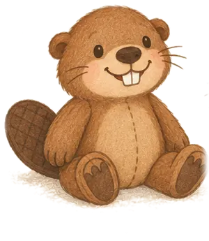 A floppy beaver plushie with a big toothy grin and a flat brown tail, sitting with its feet out.