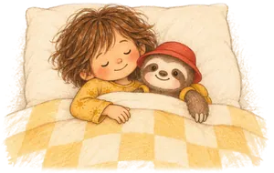 Sunny asleep under a yellow checked quilt, cuddling Sunny the sloth plushie in its red hat.