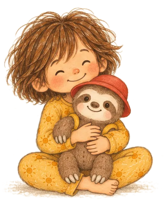 Sunny, a smiling child with tousled brown hair and yellow sun-print pajamas, sits cross-legged and hugs Sunny the sloth, a soft brown plushie in a red bucket hat and a yellow backpack.