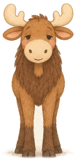Mira the moose, a gentle brown moose with cream antlers and sleepy, kind eyes.