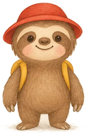 Sunny the sloth standing up, wide awake and smiling, in a red bucket hat with a mustard-yellow backpack.