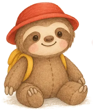 Sunny the sloth as a plushie, sitting with floppy arms, smiling under a red bucket hat, a yellow backpack on its back.