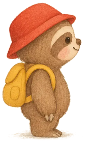Sunny the sloth in profile, looking ahead curiously, red hat on and yellow backpack ready.