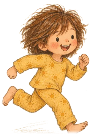 Sunny running with a big happy grin, barefoot, in mustard-yellow pajamas with little orange suns.