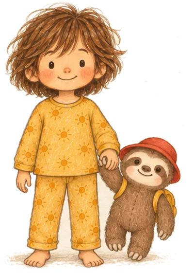 Sunny stands holding hands with Sunny the sloth plushie, both smiling.